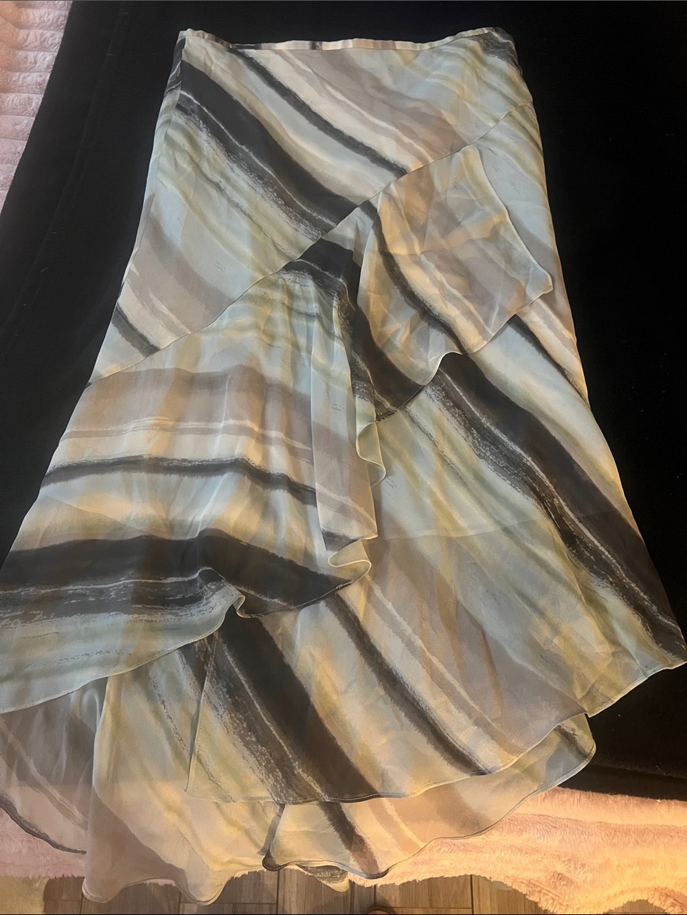 Josephine Chaus Asymmetrical Ruffle Skirt in Light Blue, Gray & Cream